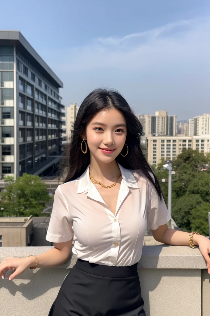 Rooftop of university building, 4th year university student, ((full body)), ((photo)), ((best qualtiy, 8K, tmasterpiece:1.3)), Focus:1.2, perfect figure beautiful girl:1.4, 1girl, cowboy shot, look at viewer, eyes facing the camera, incredibly absurd, beautiful and cute girl with a photorealistic face, showcasing top-quality craftsmanship, A Japanese girl watching the sunset on the roof of a university building, 19 years old, long, straight, silky black hair, fair skin, big eyes, thin eyebrows, double eyelids, long eyelashes, pink lips, smile, devilish smile, gorgeous features, well-defined facial features, beautiful face line, mysterious beauty, slender, tall, well-balanced proportions, large E-cup breasts, white shirt, tight black skirt, beige pumps, gold necklace and bracelet, small earrings, elegant ring, pretty girl, beauty, devilish type, pretty older sister, passionate about art, sociable, friendly, positive, has leadership skills, is proactive, is flexible, gets things done efficiently, works hard towards dreams and goals, March