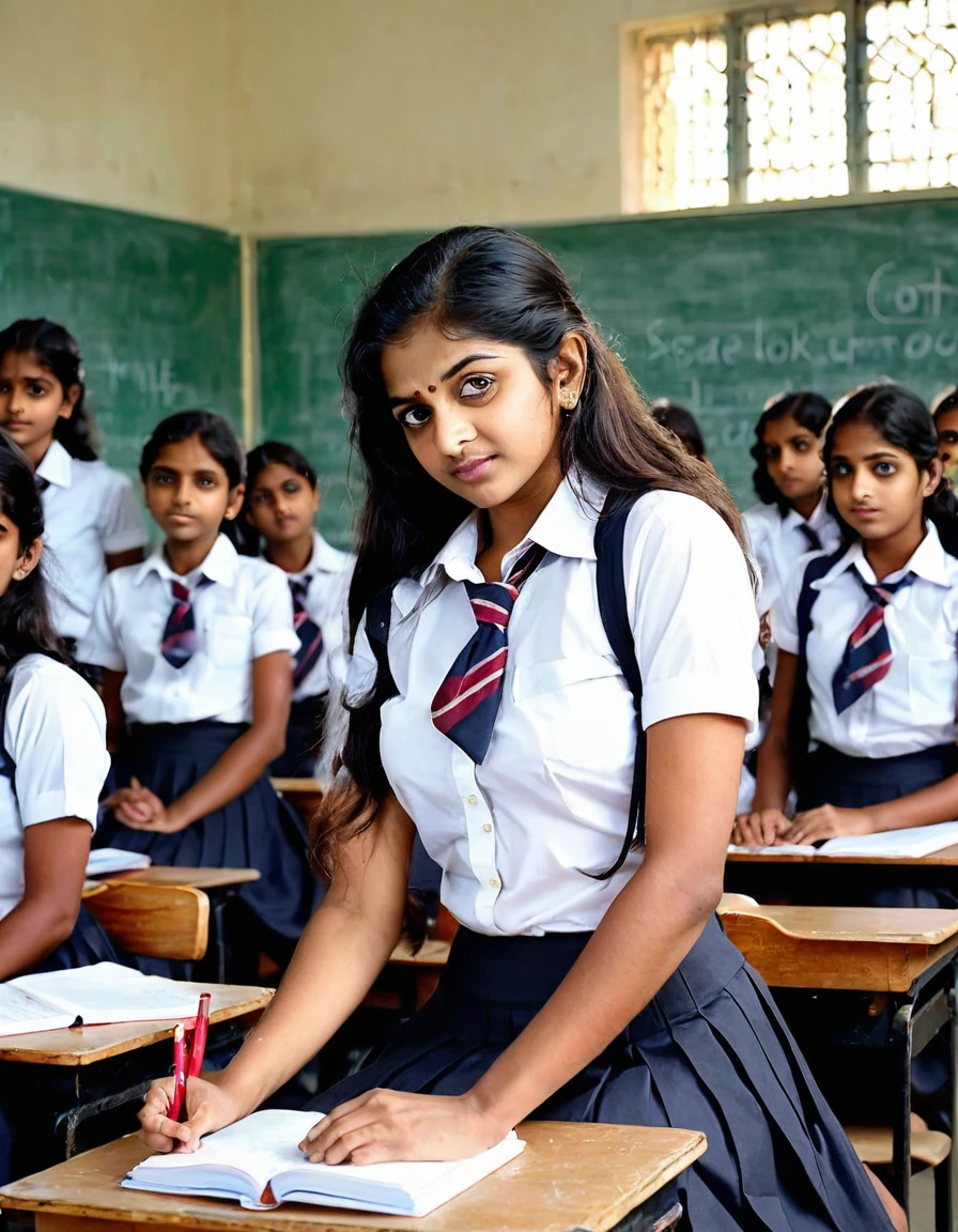 (Masterpiece),(8K),(High Quality),(School Class room woth black board),(Four Indian ladies),One Indian 55 years old,Teacher,wearing red saree(Posing in cat pose,on top of the teachers table, breast taken out from saree,aged breast,hanging down,saggy,staigth hair,gray_black color,bathed with hair oil,breast exposed,hanging nipples,tingue out,in licking position),One 16 years old indian school girl,wearing school unifom,standing next to teacher,(floppy breast,breast tanken out from school uniform shirt,school uniform shirt buttons open,breast exposing,floppy breast,hangging down,raised the school uniform skirt,vagina exposed,touching vagina,showimg vagina,self sucking breast,showing her vagina to teacher,curly hair,knee length,Bathed with hair oil),two other 16 years old school girls,wearing school uniforms,sitting on chairs with out desk,kissing,put tongues out(floppy breast,breast tanken out from school uniform shirt, shirt buttons open,breast exposing,floppy breast,hangging down,raised the skirt,thighs exposed,touching breasts,showimg ,showing thighs to teacher,french braided hairs,knee length,Bathed with hair oil)