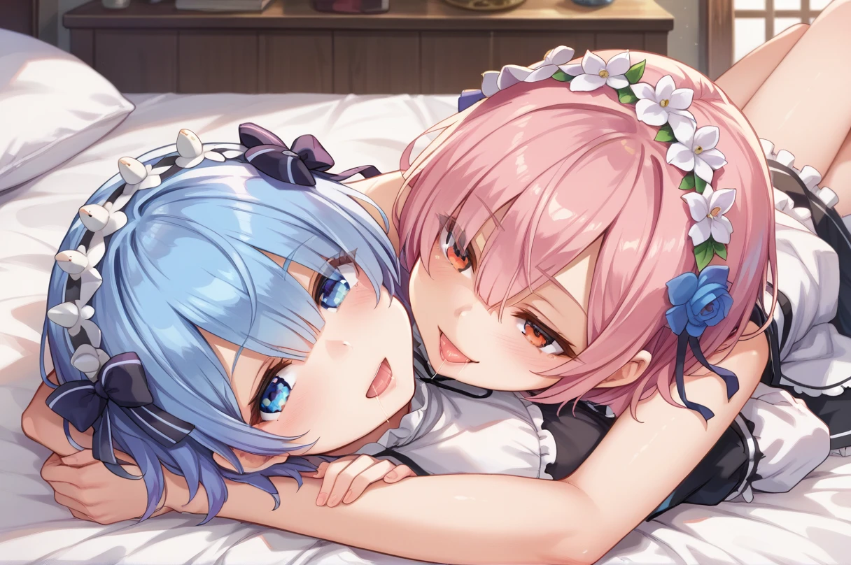 score_9, score_8_consolation, score_7_consolation, score_6_consolation,source_japanese cartoon movies,
,hug, Leg locks, toe_together, wrapped_dead body,2 women, lying down,naughty face, saliva, saliva trail, in bed,
break
,lamb, hair flower, headdress, hair above one eye, pink hair, red eyes, Short hair, x headdress, break
,Rem, blue eyes, blue hair, headdress, hair above one eye, hair ribbon, Short hair, x headdress,
