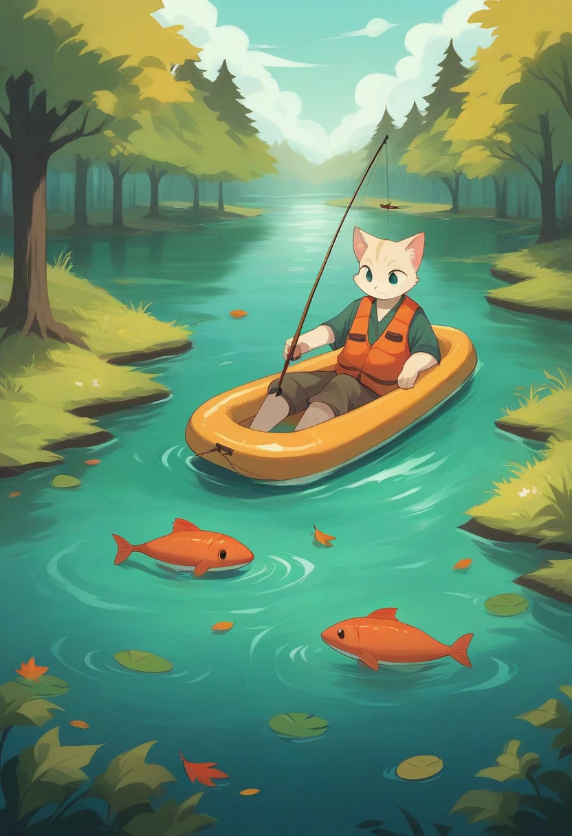 Fat cat in an orange fishing vest, sitting on a small raft in the middle of a quiet lake, have a fishing rod. Green tree in the background々and a quiet forest with autumn foliage.. The cat has a concentrated look, Looking at the water. The scenery is serene and picturesque, Capture a moment of relaxation and solitude.