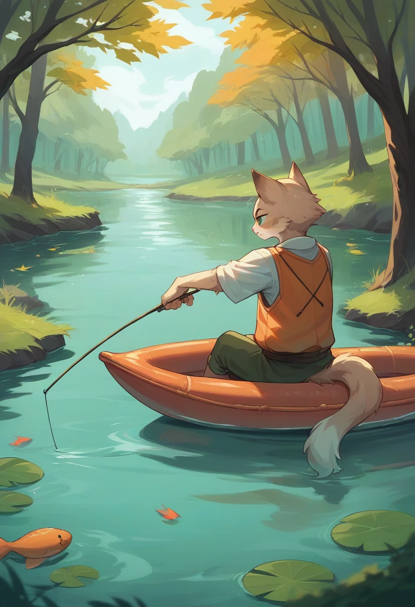 Fat cat in an orange fishing vest, sitting on a small raft in the middle of a quiet lake, have a fishing rod. Green tree in the background々and a quiet forest with autumn foliage.. The cat has a concentrated look, Looking at the water. The scenery is serene and picturesque, Capture a moment of relaxation and solitude.