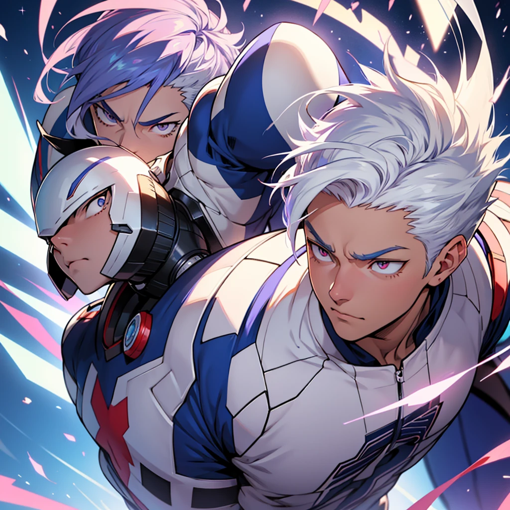 Adult sensei with striking appearance. Bright white hair with a blue streak running through it. warm tone skin. Almond-shaped eyes with a fascinating lilac shade adorned with a star-shaped pupil. Wear a hero suit. anime style Boku no Hero academia. bnha