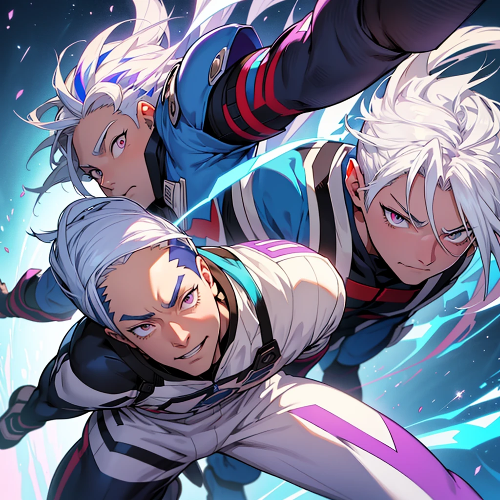 Adult sensei with striking appearance. Bright white hair with a blue streak running through it. warm tone skin. Almond-shaped eyes with a fascinating lilac shade adorned with a star-shaped pupil. Wear a hero suit. anime style Boku no Hero academia. bnha