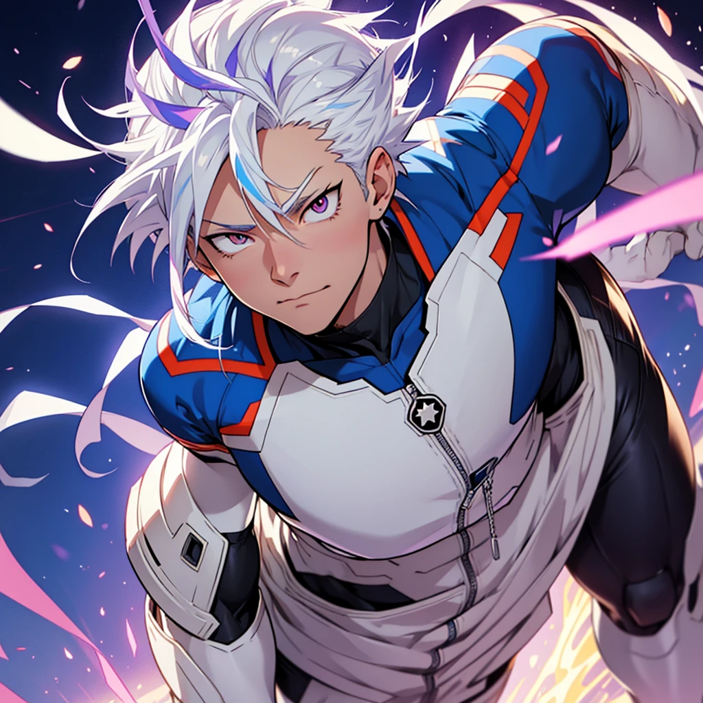 Adult sensei with striking appearance. Bright white hair with a blue streak running through it. warm tone skin. Almond-shaped eyes with a fascinating lilac shade adorned with a star-shaped pupil. Wear a hero suit. anime style Boku no Hero academia. bnha