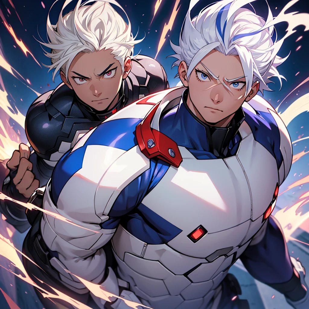 Adult sensei with striking appearance. Bright white hair with a blue streak running through it. warm tone skin. Almond-shaped eyes with a fascinating lilac shade adorned with a star-shaped pupil. Wear a hero suit. anime style Boku no Hero academia. bnha