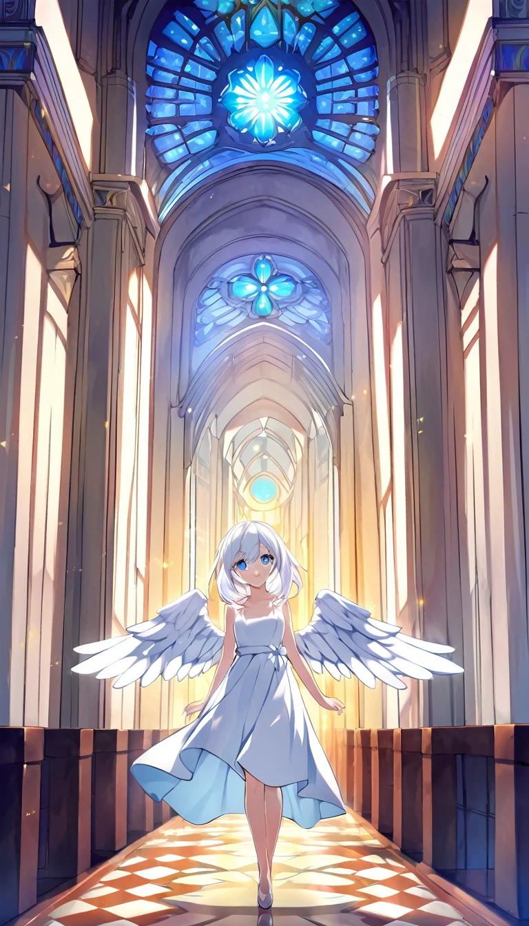 one girl, angel, sacred, white hair, cute, angel wing, light blue eyes, white dress, beautiful, cheerful