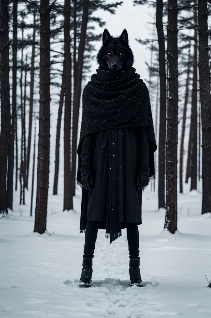 Lone Black Wolf that have humanoid body structure standing wearing black shroud in the winter.