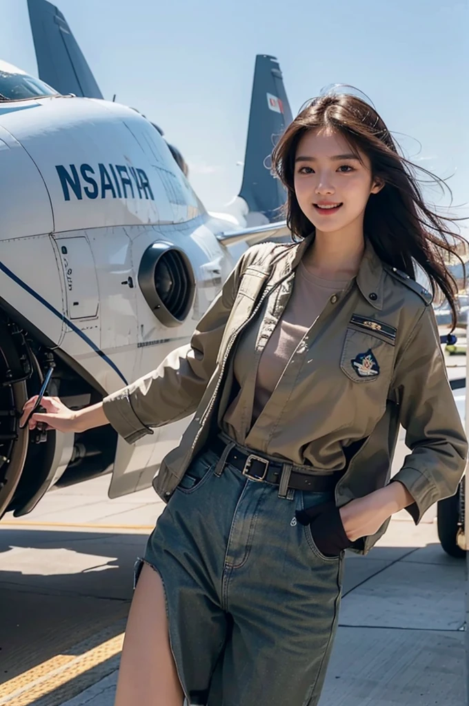 20 years old, Famous Korean actress, pouring, laughing out loud, Large target, Shining eyes, Large target breasts are a shy smile, Not suitable for working hours (Nsw) (Nsw) (Nsw) (Nsw) (Nsw),(8K, original photo, Top quality, masterpiece: 1.2), masterpiece, Ultra detailed, Ultra-high resolution, (real, Photo real: 1.37), HD RAW color photography, Very refined, Very detailed, 8K wallpaper, amazing, detail, Very detailed eyes, Super delicate skin, Extremely delicate fingers, Very detailed的鼻子, 嘴巴detail非常丰富, Perfect Anatomy,Ultra-detailed and complex facial 3D rendering,Large target breasts,Air Force pilot,s,Pilot helmet,Fighter pilot,Air Force Flight Suit,(Airport),(飞Airport),Cute face,big eyes,White skin