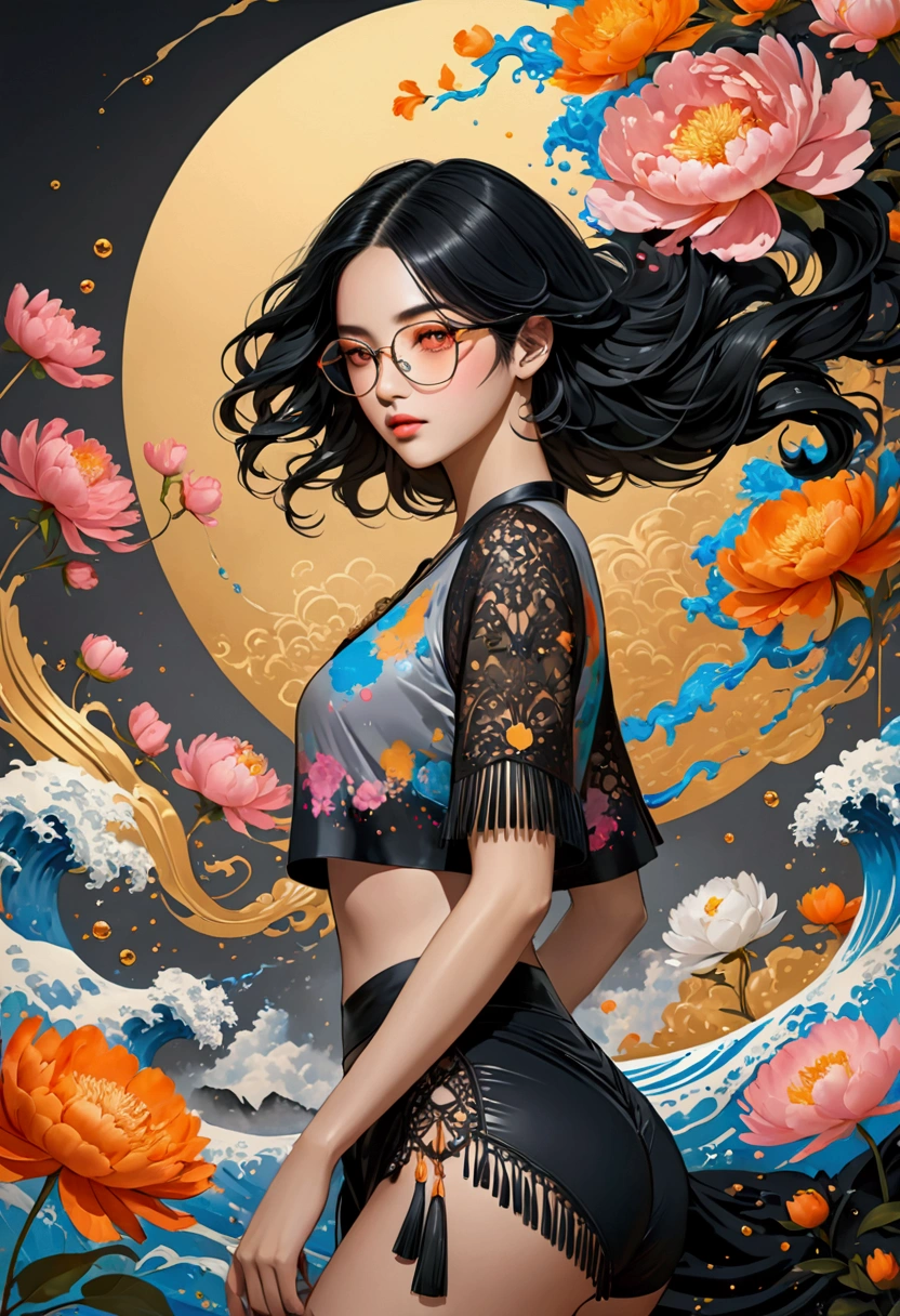 Ink Art, Paint splatter style, Liquid glow made of colors, (Grey cropped top, Black lingerie, Short clothes), (Black long hair), (20 years), (1 girl), Fashion glasses with tassels，Gradient background, Pastel color palette, pink blue, silver, Red, orange, light, Gray Gold, Peony, Filigree, Colored water droplets, Colored waves, Extremely detailed and complex, Unreal Engine, fantastic, Intricate details, Startup Screen, Complementary colors, fantasy, Concept Art, 8k resolution, masterpiece, painting, Heavy Attack, fantasy art, Concept Art, Intricate PoSe, 
