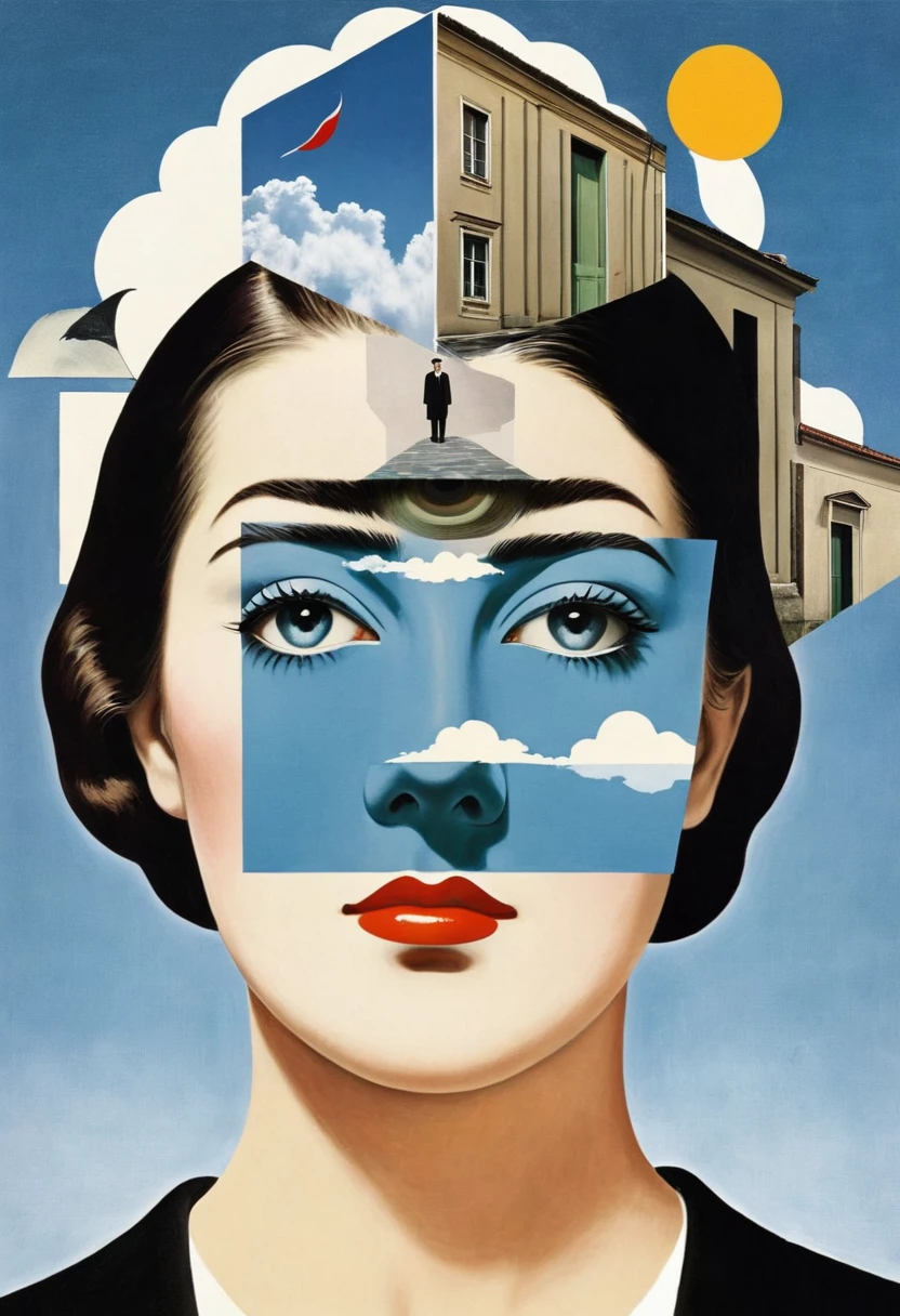 René Magritte,multi-layered collage,有一张女人脸的Collage画,There are many different things on the face,Geometric Dislocation,Collage,Artistic sense,Painting,paint