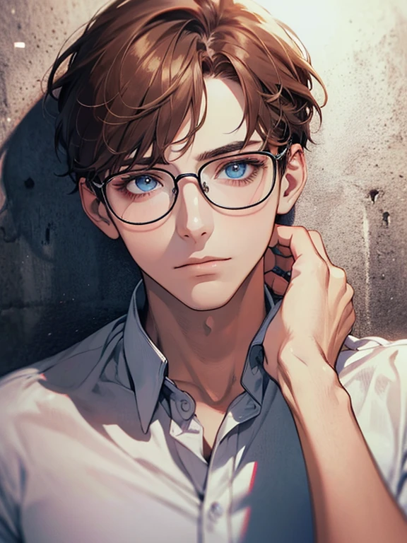 masterpiece, best quality, 1boy, brunette hair, blue eyes, glasses, white shirt, mugshot, wall background, detailed eyes, detailed facial features, realistic and high resolution (best quality, 4k, 8k, highres, masterpiece:1.2)