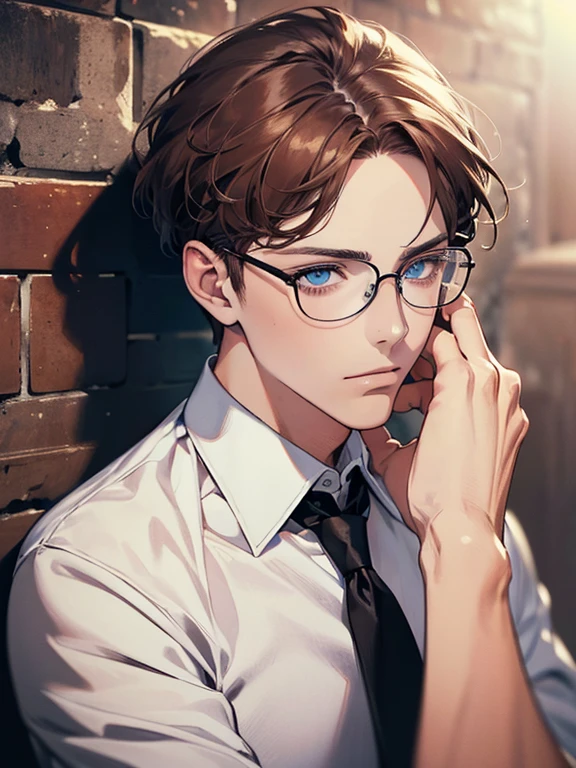 masterpiece, best quality, 1boy, brunette hair, blue eyes, glasses, white shirt, mugshot, wall background, detailed eyes, detailed facial features, realistic and high resolution (best quality, 4k, 8k, highres, masterpiece:1.2)