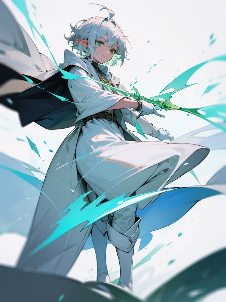 Elf, silver hair,short hair, medium cut, ahoge, curly hair,green eyes,slender, fair skin, cool Smile, robe, cloak, White gloves, long boots, pants, ice loads magic effect,