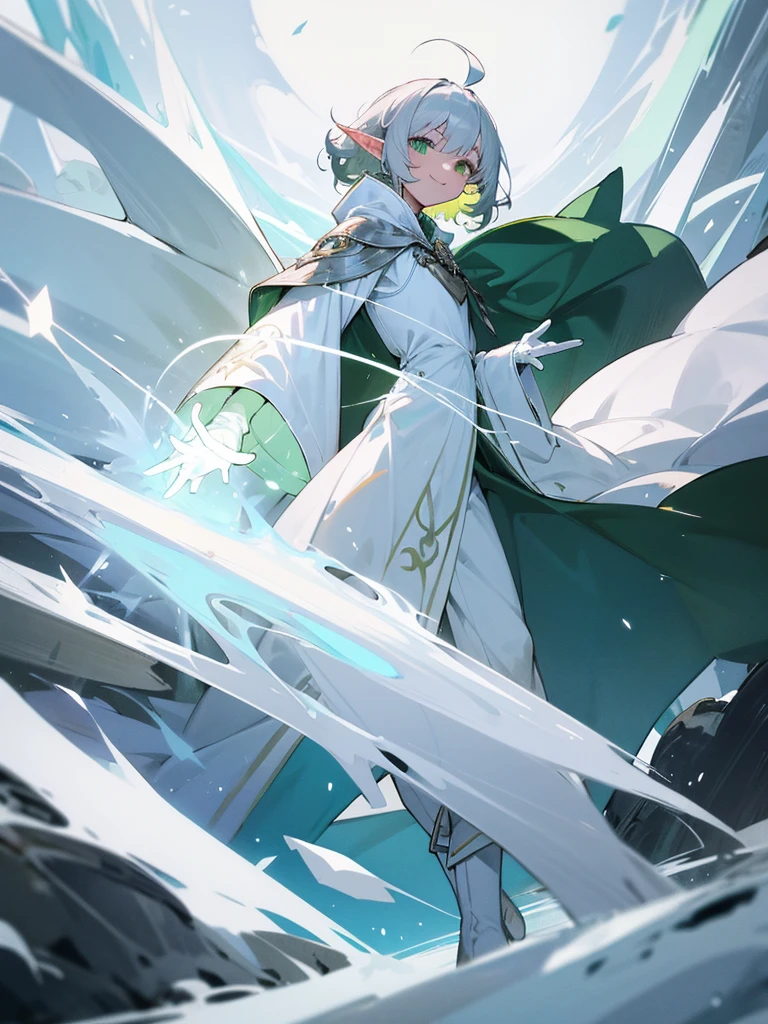 Elf, silver hair,short hair, medium cut, ahoge, curly hair,green eyes,slender, fair skin, cool Smile, robe, cloak, White gloves, long boots, pants, ice loads magic effect,
