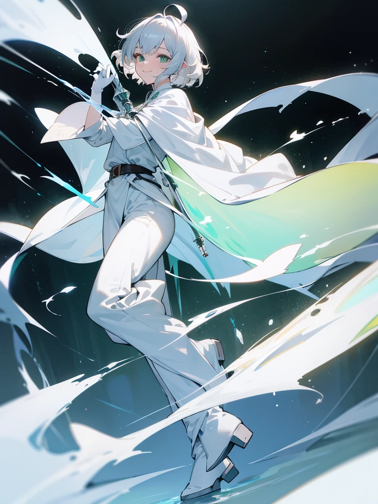 Elf, silver hair,short hair, medium cut, ahoge, curly hair,green eyes,slender, fair skin, cool Smile, robe, cloak, White gloves, long boots, pants, ice loads magic effect,