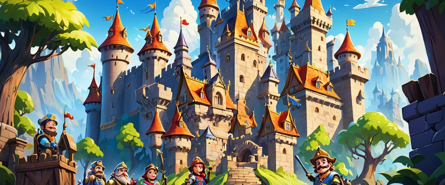 A castle (Masterpiece Best Quality:1.2) Exquisite illustrations with rich details,  (Disney related activities) outdoor places,  There are 5 construction workers building a castle。Clash Royale Style。Detailed background, illustration, bright, rich and colorful, 