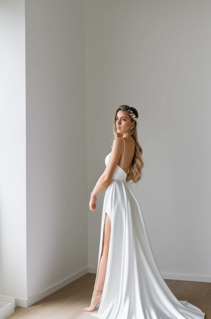 Best quality, 8k, 32k, Masterpiece, Masterpiece, (Photorealistic: 1.4), RAW photo, ultra realistic, 1girl, Fashion model, Wearing a wedding dress, satin fabric, full length view, pose Stand upright in white room with a minimalist design, featuring white walls and a clean, modern aesthetic.