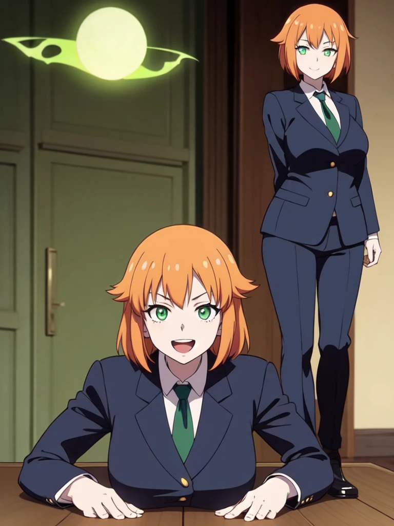 sexy, white skin, anime woman, happy, glowing green eyes, extremely short glowing orange hair, wearing a suit, big, full body