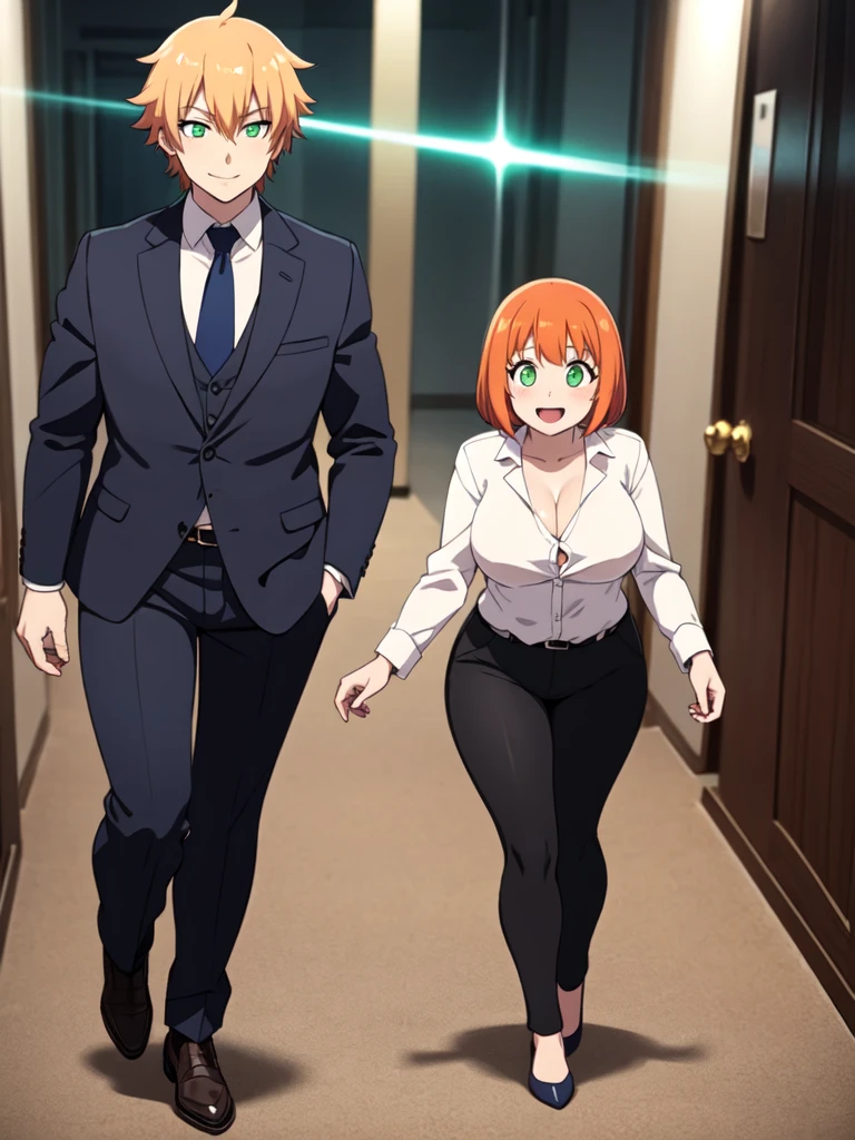 sexy, white skin, anime woman, happy, glowing green eyes, extremely short glowing orange hair, wearing a suit, big, full body