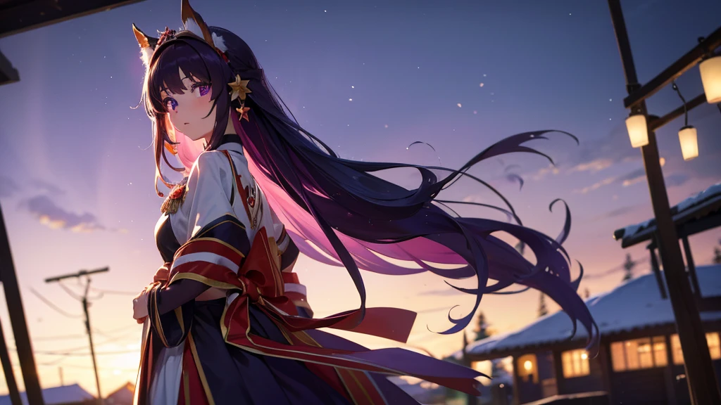 Best picture quality, 8K, high quality, masterpiece:1.2), ((masterpiece)), (great detail, high quality, best picture quality), bokeh, DOF, Portrait, open stance, purple hair long hair, in a black, round face, in a miko costume, standing in the winter town with pink theme