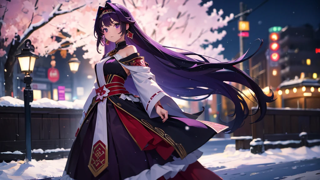 Best picture quality, 8K, high quality, masterpiece:1.2), ((masterpiece)), (great detail, high quality, best picture quality), bokeh, DOF, Portrait, open stance, purple hair long hair, in a black, round face, in a miko costume, standing in the winter town with pink theme