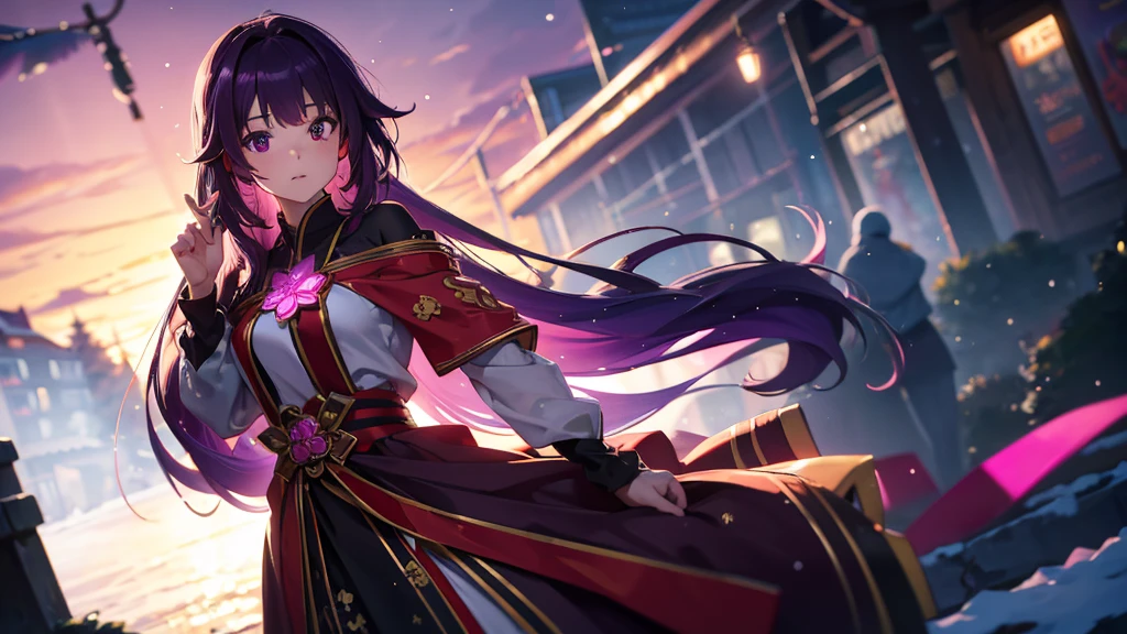 Best picture quality, 8K, high quality, masterpiece:1.2), ((masterpiece)), (great detail, high quality, best picture quality), bokeh, DOF, Portrait, open stance, purple hair long hair, in a black, round face, in a miko costume, standing in the winter town with pink theme