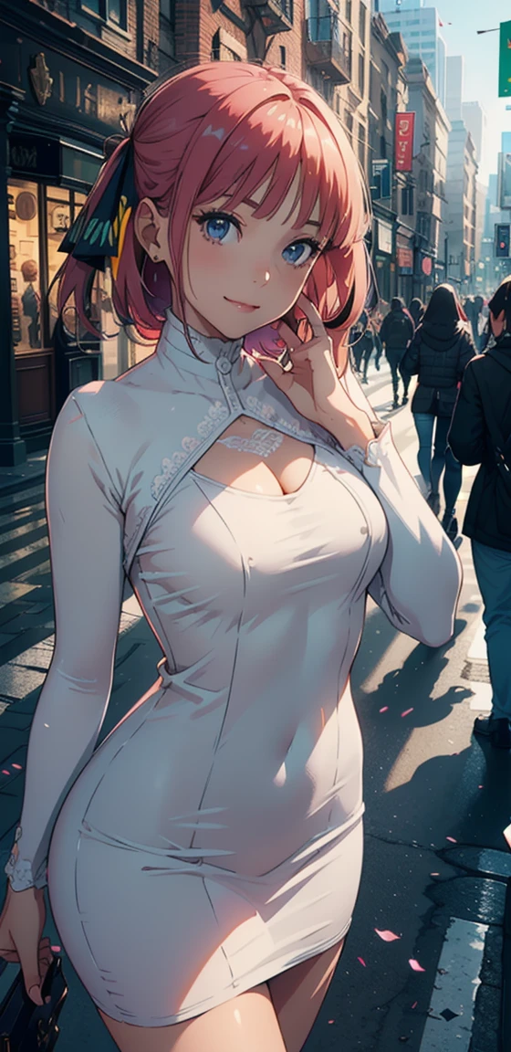 1 girl:1.5, Masterpiece,(in the middle of the city:1.5), raw color, 8k, illustrator, Masterpiece, high quality, 8k, high resolution, high detailed, diaphragm, high quality, (Highly detailed CG Unity 8k wallpaper),The best quality,cinematic lighting, ultra-detailed,Masterpiece,), (neckline:1), (High Neck Bodypress Dress:1.5), (big chest), depth of field, front view, smile smile, face detail, armpit, whole body, (high heels), (hollow chest:1.5)
