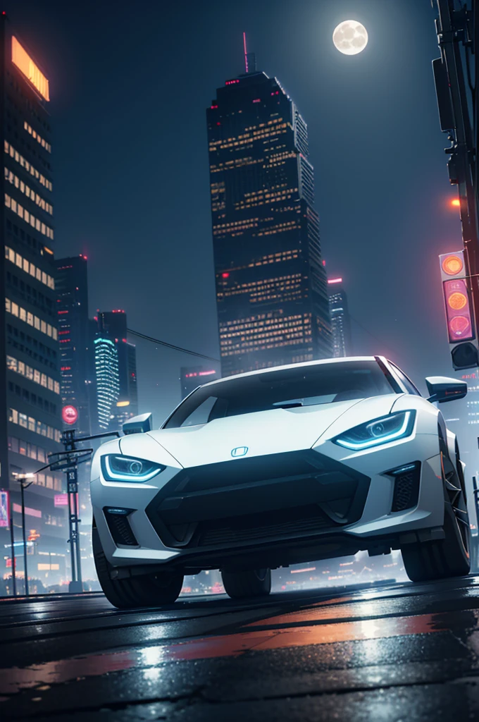 Futuristic car driving through a cyberpunk city with skyscrapers in the background, It's like a movie, 4K,Ultra-realistic, nice,Amazing guy, Complex, Outdoor, Neon Light, fog, wire, street, alley, Futuristic landscape, speed, speed, night, Big realistic full moon,cute girl&#39;s back view