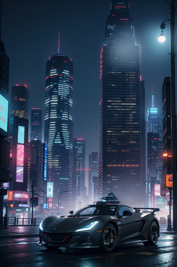 Futuristic car driving through a cyberpunk city with skyscrapers in the background, It's like a movie, 4K,Ultra-realistic, nice,Amazing guy, Complex, Outdoor, Neon Light, fog, wire, street, alley, Futuristic landscape, speed, speed, night, Big realistic full moon,cute girl&#39;s back view