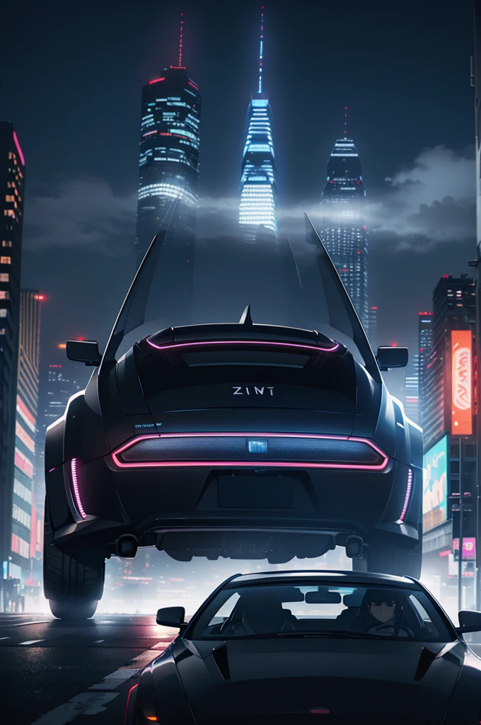 Futuristic car driving through a cyberpunk city with skyscrapers in the background, It's like a movie, 4K,Ultra-realistic, nice,Amazing guy, Complex, Outdoor, Neon Light, fog, wire, street, alley, Futuristic landscape, speed, speed, night, Big realistic full moon,cute girl&#39;s back view