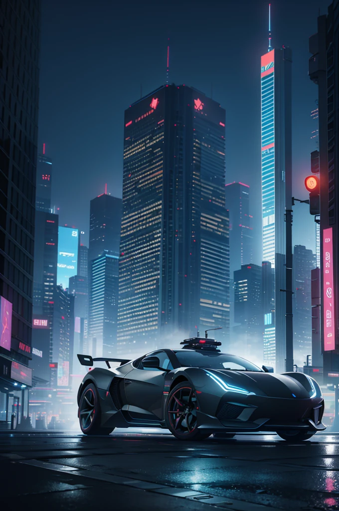 Futuristic car driving through a cyberpunk city with skyscrapers in the background, It's like a movie, 4K,Ultra-realistic, nice,Amazing guy, Complex, Outdoor, Neon Light, fog, wire, street, alley, Futuristic landscape, speed, speed, night, Big realistic full moon,cute girl&#39;s back view