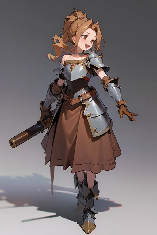 ((1 masterpiece, high resolution, best quality, 4k quality)), beautiful imagen, same character, 1 girl, solo,  in love, excited,very happy, smile, open mouth, adventurers, musketeer, rpg, medium breasts, golden almond eyes, long brown hair, drill hair, hip bones, collarbone, skirt, school skirt, blouse, school blouse, ((leather armor)), leather gloves, asymmetrical gloves, leather boots, asymmetrical footwear, heeled boots, shoulder armor, ((single shoulder)), leather corsette, chest harness, full body, standing, ,simple background, gray background,
