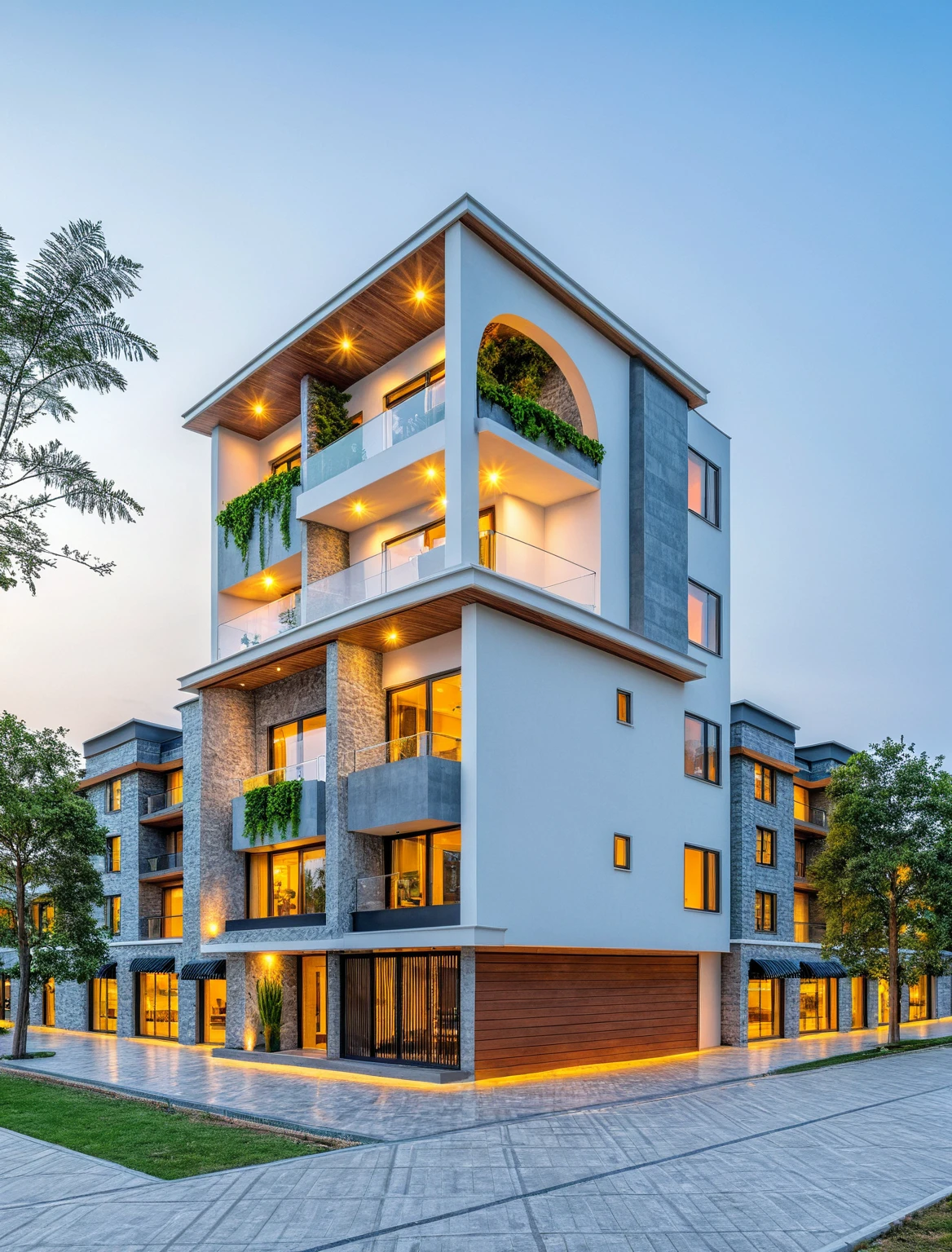 Masterpiece, high quality, best quality, authentic, super detail, outdoors, onestoreyvillaXL, aiaigroup, house style modern on the street ,stairs, white wall ,road,pavement, grass, trees, sky, cloud, (daylight:1.1)