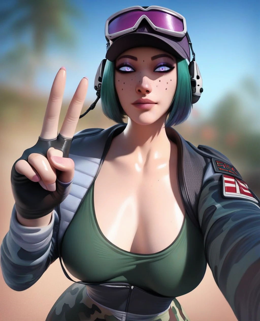 Ela, ela elite \(Rainbow Six Siege\),ela, ela \(Rainbow Six Siege\ score_9, score_8_up, score_7_up, Expressiveh, ultra detailed, 1girl, solo, cute, delicated and beautiful face, medium breasts, thin waist, ela, jacket, leggings, latex legwear, fingerless gloves, military uniform, camouflage, baseball cap, goggles on headwear, (pov:0.9), selfie pov, holding with one hand