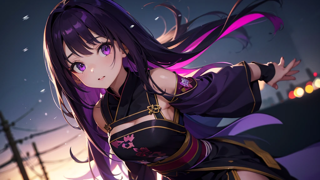 Best picture quality, 8K, high quality, masterpiece:1.2), ((masterpiece)), (great detail, high quality, best picture quality), bokeh, DOF, Portrait, open stance, purple hair long hair, in a black, round face, in a black miko costume, standing in the winter town with pink theme