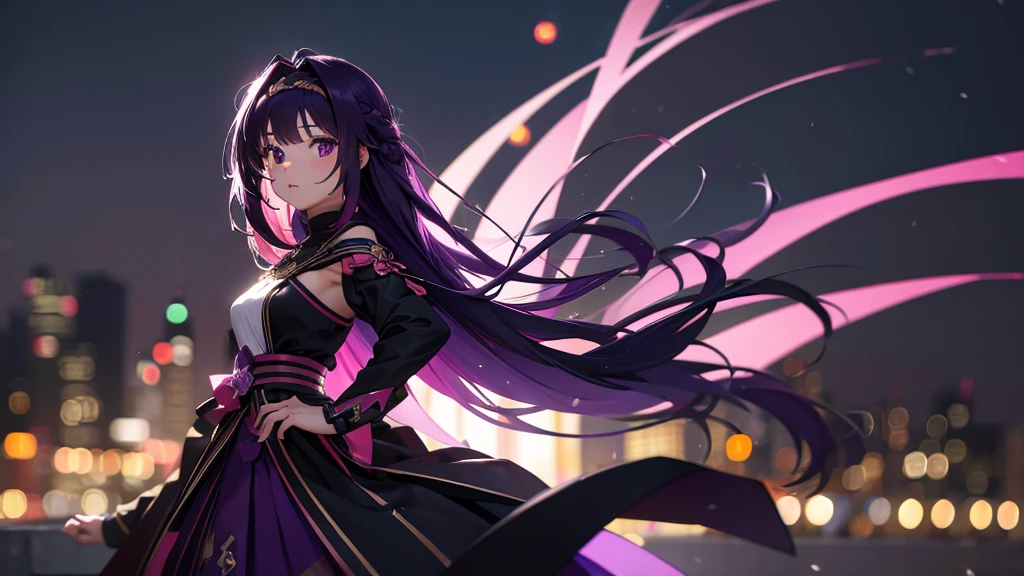 Best picture quality, 8K, high quality, masterpiece:1.2), ((masterpiece)), (great detail, high quality, best picture quality), bokeh, DOF, Portrait, open stance, purple hair long hair, in a black, round face, in a black miko costume, standing in the winter town with pink theme