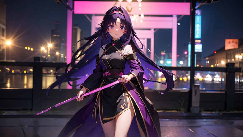 Best picture quality, 8K, high quality, masterpiece:1.2), ((masterpiece)), (great detail, high quality, best picture quality), bokeh, DOF, Portrait, open stance, purple hair long hair, in a black, round face, in a black miko costume, standing in the winter town with pink theme