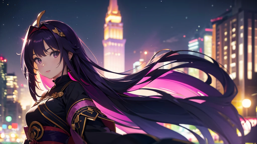 Best picture quality, 8K, high quality, masterpiece:1.2), ((masterpiece)), (great detail, high quality, best picture quality), bokeh, DOF, Portrait, open stance, purple hair long hair, in a black, round face, in a black miko costume, standing in the winter town with pink theme