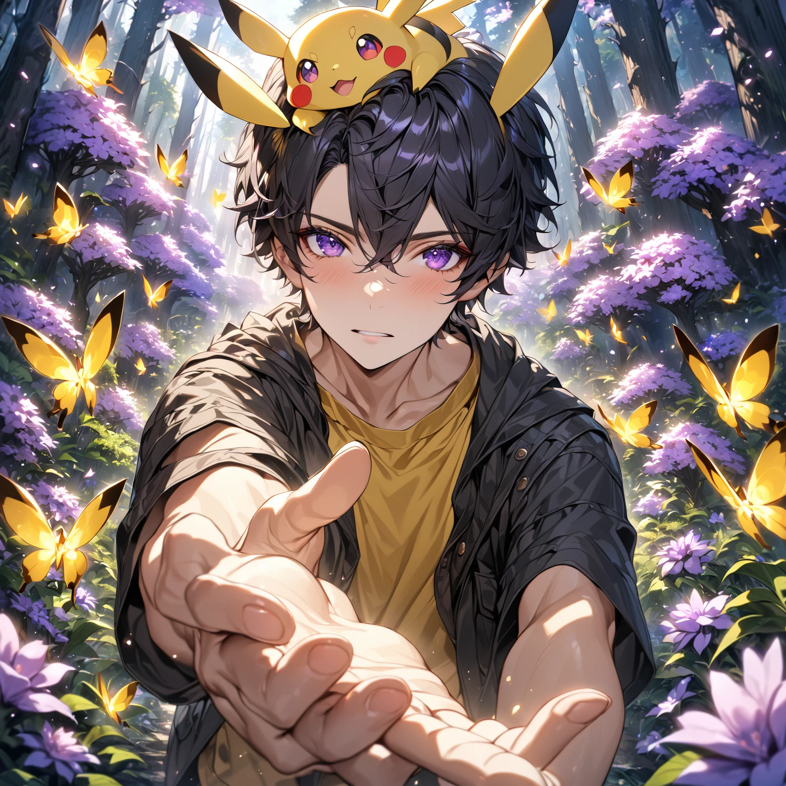 Boy with yellow tshirt with outer black,pikachu on head, forest, absurdres, highres, ultra detailed, HDR, master piece, best quality, black hair, expressive purple eyes, black clothes, magical, fantasy, shining, purple flowers, blossoms, yellow butterflies,Right hand towards the camera
