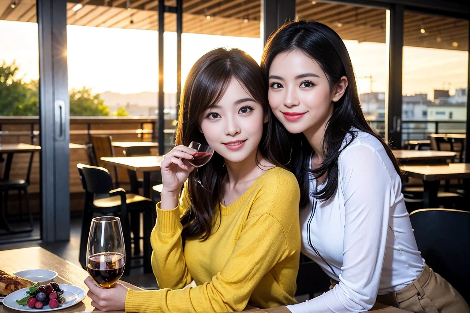 ((Highest quality、、masterpiece:1.3))、1 male、1 female,36 years old 39 years old、Shine the light on my face、Slim Beauty、Beautiful couple、Upper Body、smile、 (Slim face), (the body is スリム), (Brown Hair), (Shortcuts), テーブルのフルコースディナーとwine glass、Amazing view of the sunset sky and clouds、smileの美しさ、Wine bottle、sparkling wine、Long sleeve shirt、dress、White wine, red wine, wine glass, Beautiful fine grain, Depth f/2,saturation, High Contrast, Strong light and shadow,Moist Body:1.5、 texture、The hair is very shiny、