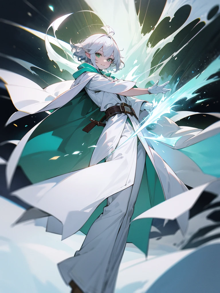 Elf, silver hair,short hair, medium cut, ahoge, curly hair,green eyes,slender, fair skin, cool Smile, robe, cloak, White gloves, long boots, pants, ice loads magic effect,