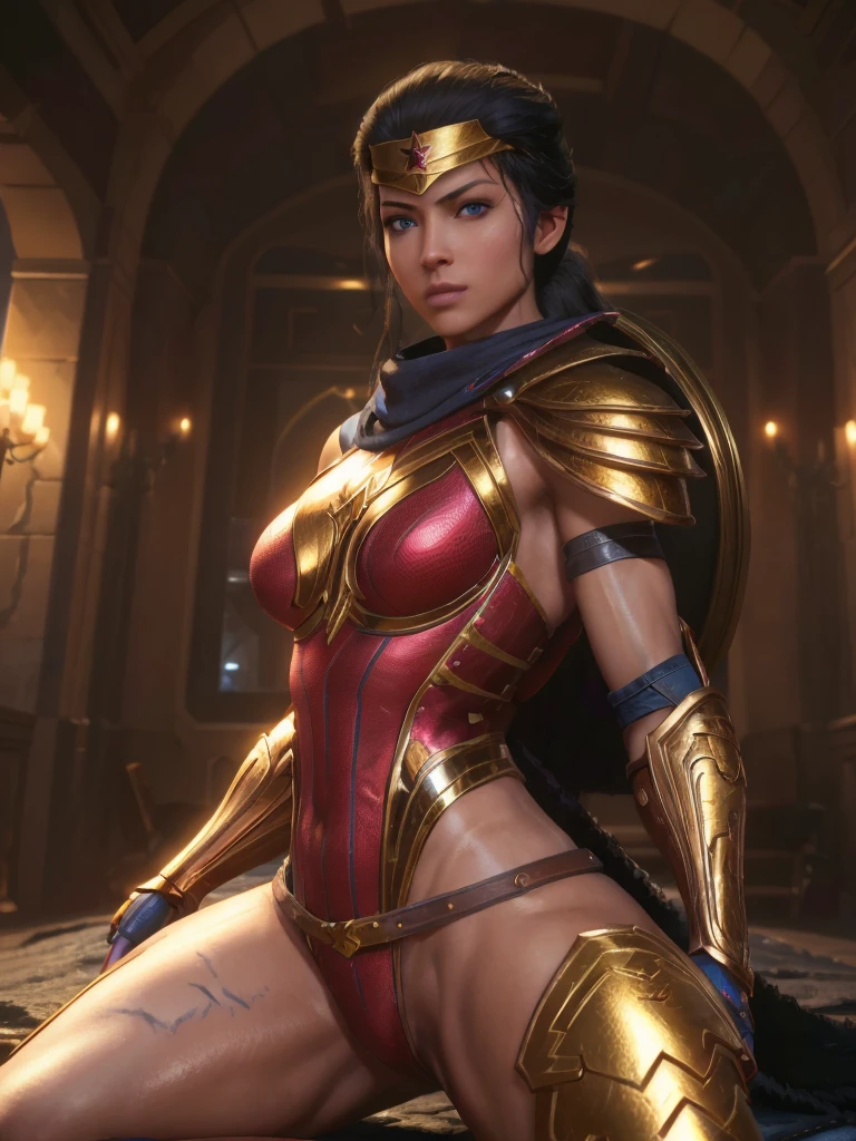 (Best Quality, high resolution, artwork :1.3), Very detailed texture of the face and skin., detailed eyes, double eyelid, Wonder Woman,DC,Alternative hairstyle,black fur,Blue eyes,looking at the viewer,muscled woman,shiny skin,legs open,correa,top-less