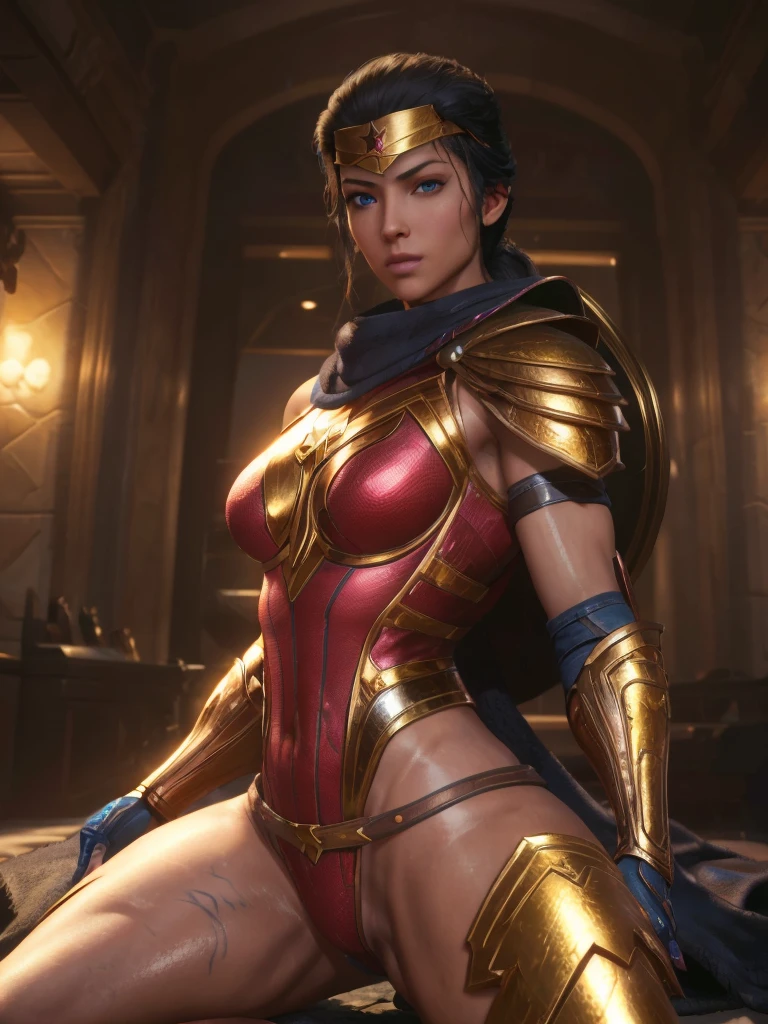 (Best Quality, high resolution, artwork :1.3), Very detailed texture of the face and skin., detailed eyes, double eyelid, Wonder Woman,DC,Alternative hairstyle,black fur,Blue eyes,looking at the viewer,muscled woman,shiny skin,legs open,correa,top-less