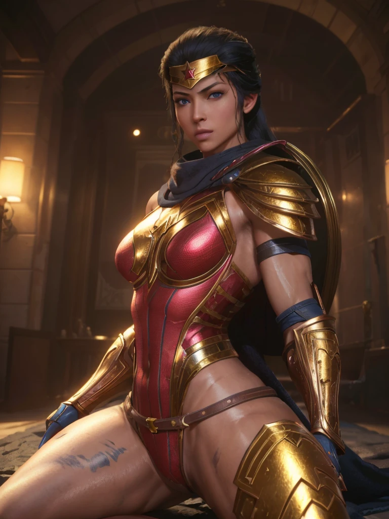 (Best Quality, high resolution, artwork :1.3), Very detailed texture of the face and skin., detailed eyes, double eyelid, Wonder Woman,DC,Alternative hairstyle,black fur,Blue eyes,looking at the viewer,muscled woman,shiny skin,legs open,correa,top-less