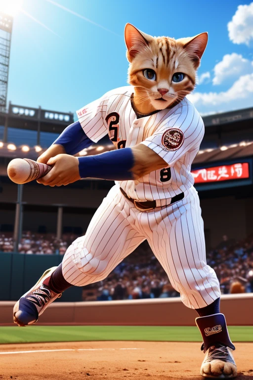 (Highest quality、masterpiece、8K))、Anatomically correct、Very detailed、High resolution、Realistic、((Beautiful, bright, almond-shaped, detailed eyes))、Intricate details、Cinematic lighting、((Dynamic composition))、Cute kitten、baseball player、Uniforms that are too big、batter、Hit a home run、batting