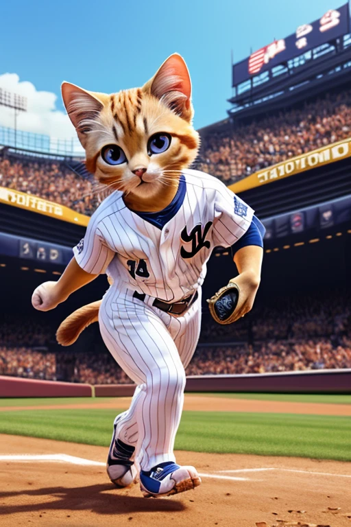 (Highest quality、masterpiece、8K))、Anatomically correct、Very detailed、High resolution、Realistic、((Beautiful, bright, almond-shaped, detailed eyes))、Intricate details、Cinematic lighting、((Dynamic composition))、Cute kitten、baseball player、Uniforms that are too big、batter、Hit a home run、batting
