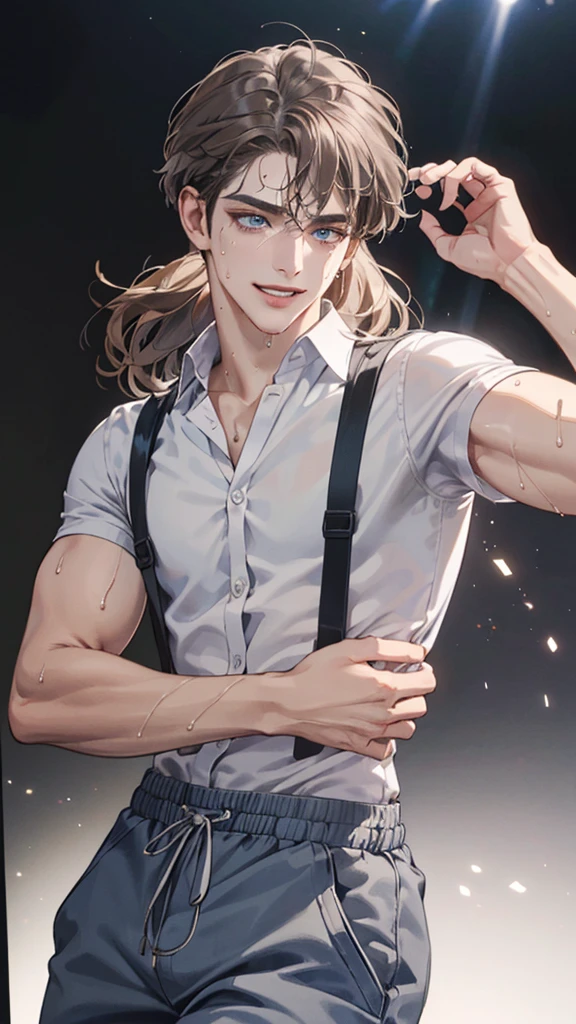 (masterpiece, High resolution, Super detailed:1.0), (1 male, Adult male, 27 years old, Soft and handsome face), Very high, the right amount of muscle, Detailed face, (gray brown hair, medium long hair, Center parted bangs), (blue eyes, Sagging eyes, long eyelashes), (Wearing a half-open white shirt, Black and gray cotton pants, show some skin), (sweat, Playful, Seductive smile:1.3), (light black background, front, looking at the audience), (SuperQuality:1.0)