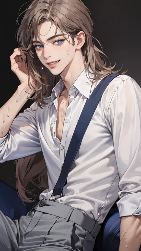 (masterpiece, High resolution, Super detailed:1.0), (1 male, Adult male, 27 years old, Soft and handsome face), Very high, the right amount of muscle, Detailed face, (gray brown hair, medium long hair, Center parted bangs), (blue eyes, Sagging eyes, long eyelashes), (Wearing a half-open white shirt, Black and gray cotton pants, show some skin), (sweat, Playful, Seductive smile:1.3), (light black background, front, looking at the audience), (SuperQuality:1.0)