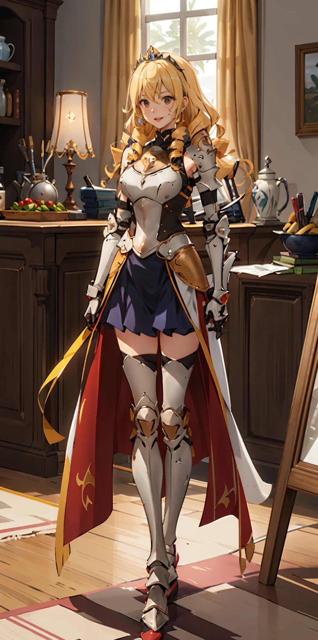 Full body 1chicasolo, long_Hair, rubio_Hair, Brown_eyes, jewelry, superior_body, lipstick, pindiintes, layer, armor, Drill_Hair, tiara, corona, shoulder_armor, red gauntlets, shoulder pads, breastpline, Style_parody, female knight, golden curls, cheered up_Colorant, looking_in_viewer