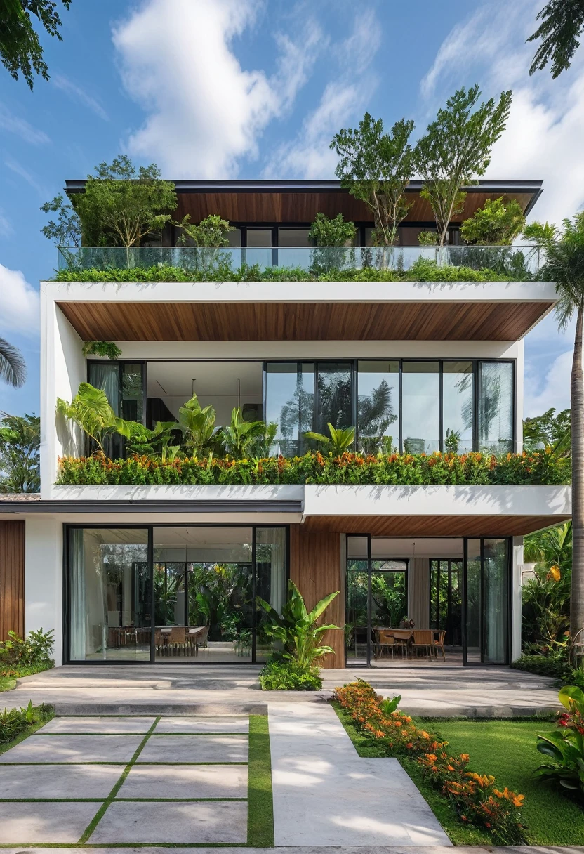 A hyper-realistic image of a modern house with a minimalist design, featuring a combination of wood and white materials. The house has a flat roof, large glass windows, and a balcony with a glass railing. The entrance is flanked by lush greenery and palm trees. There is a wooden gate in front and the garden includes various tropical plants. The overall ambiance is serene and contemporary, with detailed textures and realistic lighting, shadows, and reflections. The colors are vibrant and true to life, showcasing the natural beauty of the materials and the surrounding environment. Additionally, the house is surrounded by a well-maintained garden with various tropical plants and flowers, a clean street with a sidewalk, and a modern urban setting.